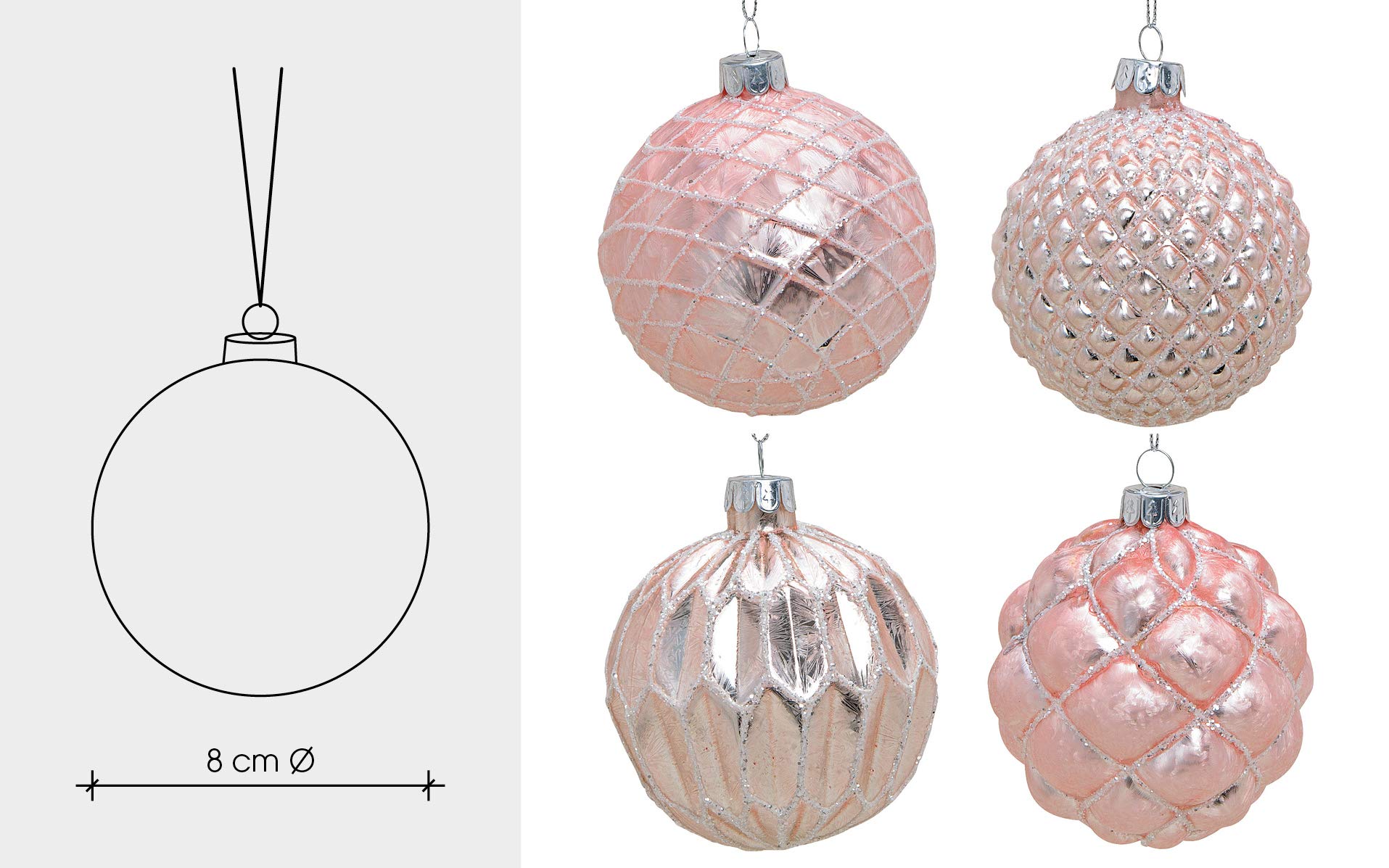 MC-Trend 12 edle Weihnachtskugeln im Set aus Glas (Ø 8 cm) – einzigartige Christbaumkugeln für Festliche Eleganz. Glanz und Stil für Ihren Weihnachtsbaum (Rosa Silber)