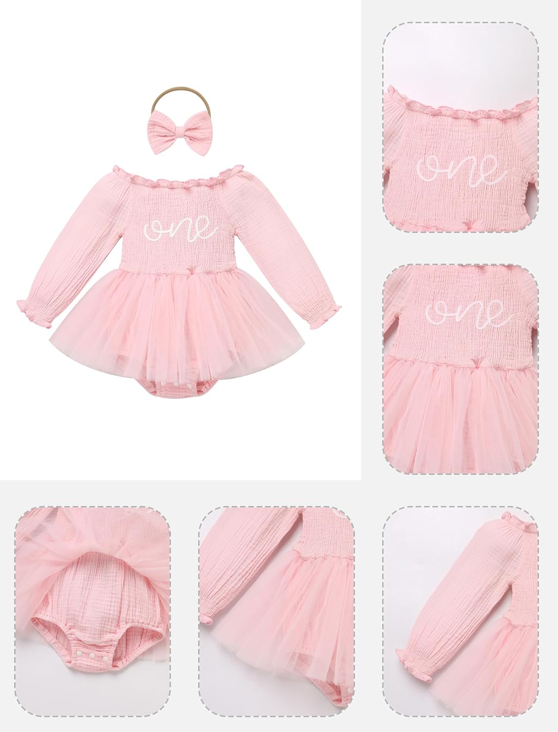 IDOPIP Strawberry Butterfly 1st Birthday Outfit for Baby Girls Embroidery One Romper Smocked Tutu Dress with Headband Clothes - Image 4