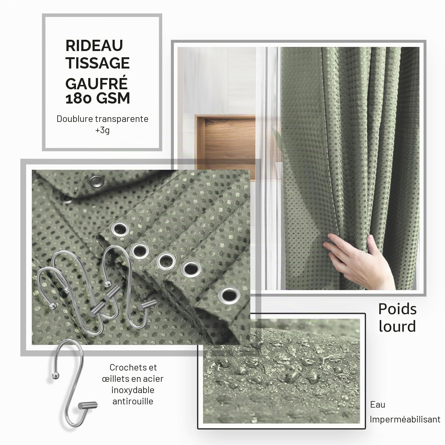 Clara Clark Ensemble d'accessoires de Salle de Bain – Ensemble d'accessoires de Salle de Bain avec Rideau de Douche, Brosse WC, Poubelle et Distributeur de Savon (Vert Sauge)