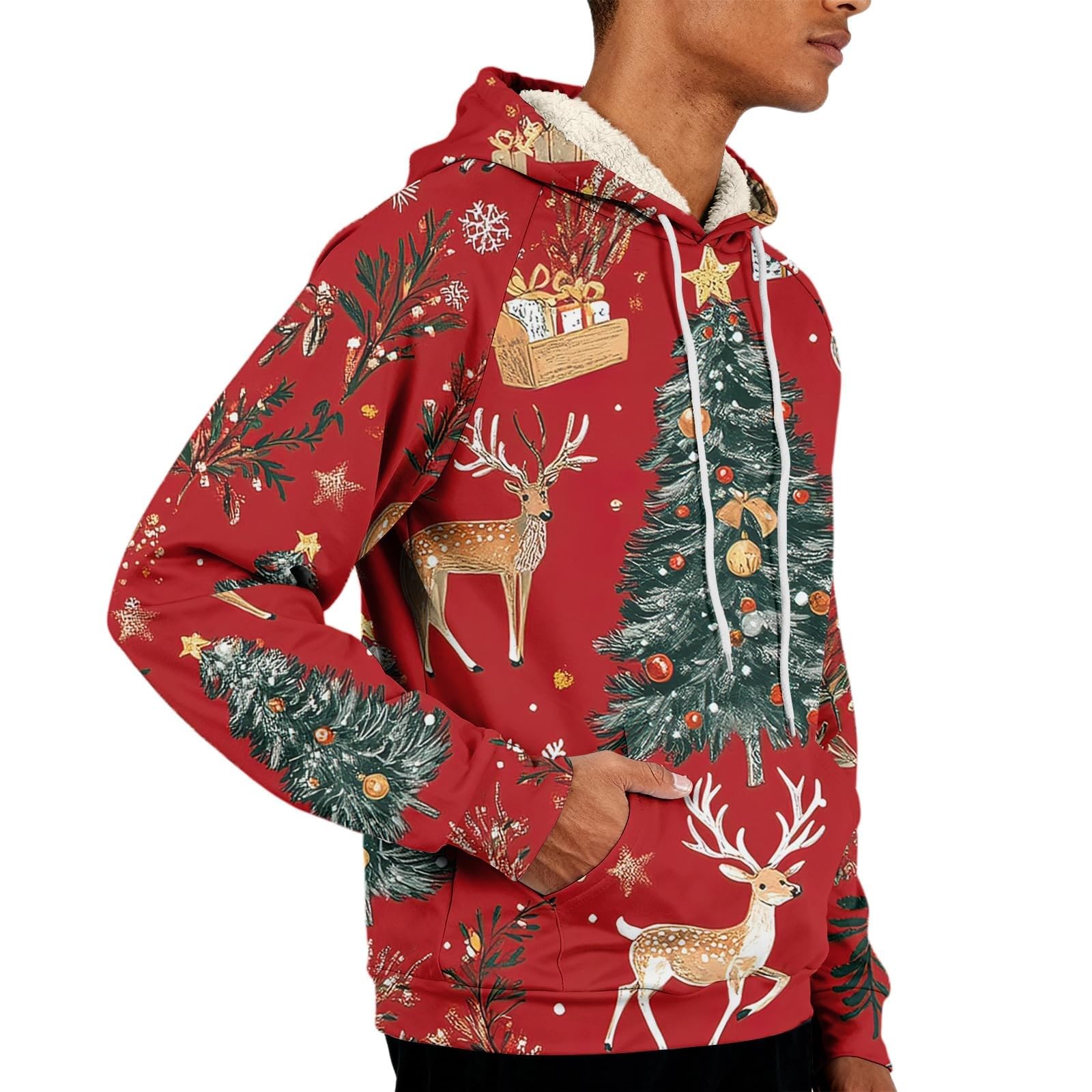 Sudadera con capucha de Navidad con forro polar para hombre, divertido Papá Noel, árbol de Navidad, sudaderas de manga larga, cálidas, disfraces de Navidad