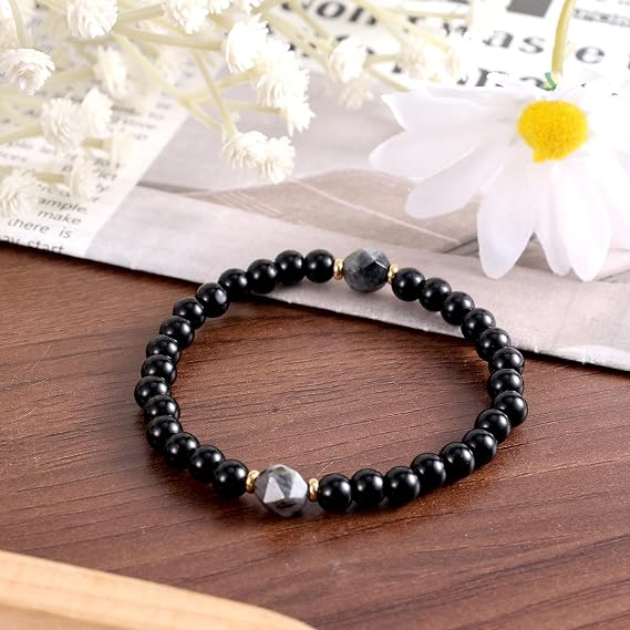 BOXOB Black Tourmaline Obsidian Bracelet, Adjustable Black Onyx Stone Crystal Bracelet White Flash Protection Beaded Jewelry Gifts for Men Women Valentine Birthday Anniversary Present