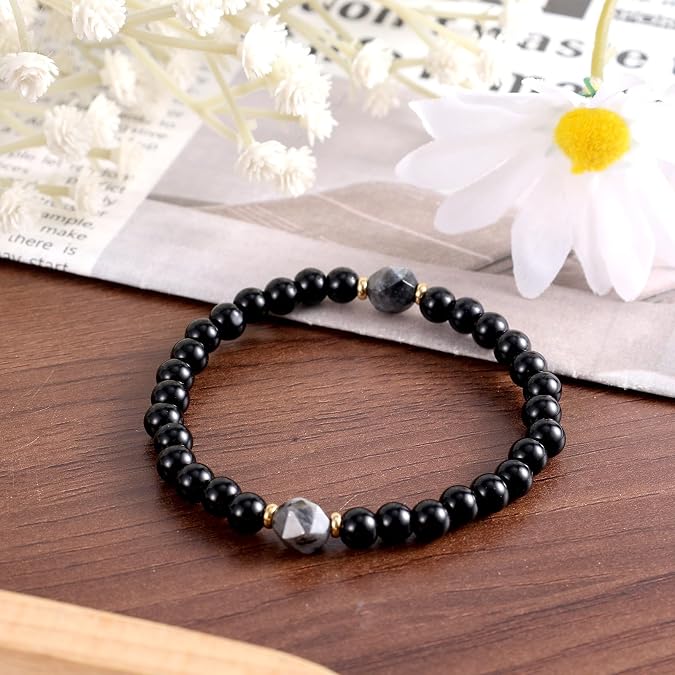 BOXOB Black Tourmaline Obsidian Bracelet, Adjustable Black Onyx Stone Crystal Bracelet White Flash Protection Beaded Jewelry Gifts for Men Women Valentine Birthday Anniversary Present
