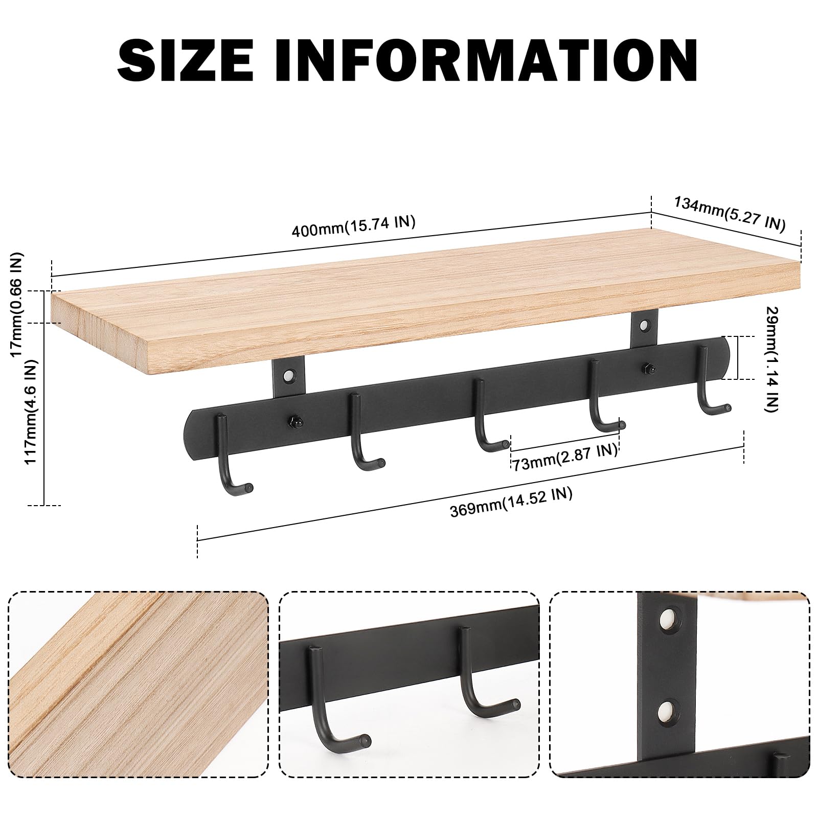 Livabber Wall Mounted Coat Rack with Wooden Shelf, Heavy Duty Wall Hanging Storage with 5 Stainless Steel Hooks for Bathroom, Entryway, Living Room, Bedroom (Black)