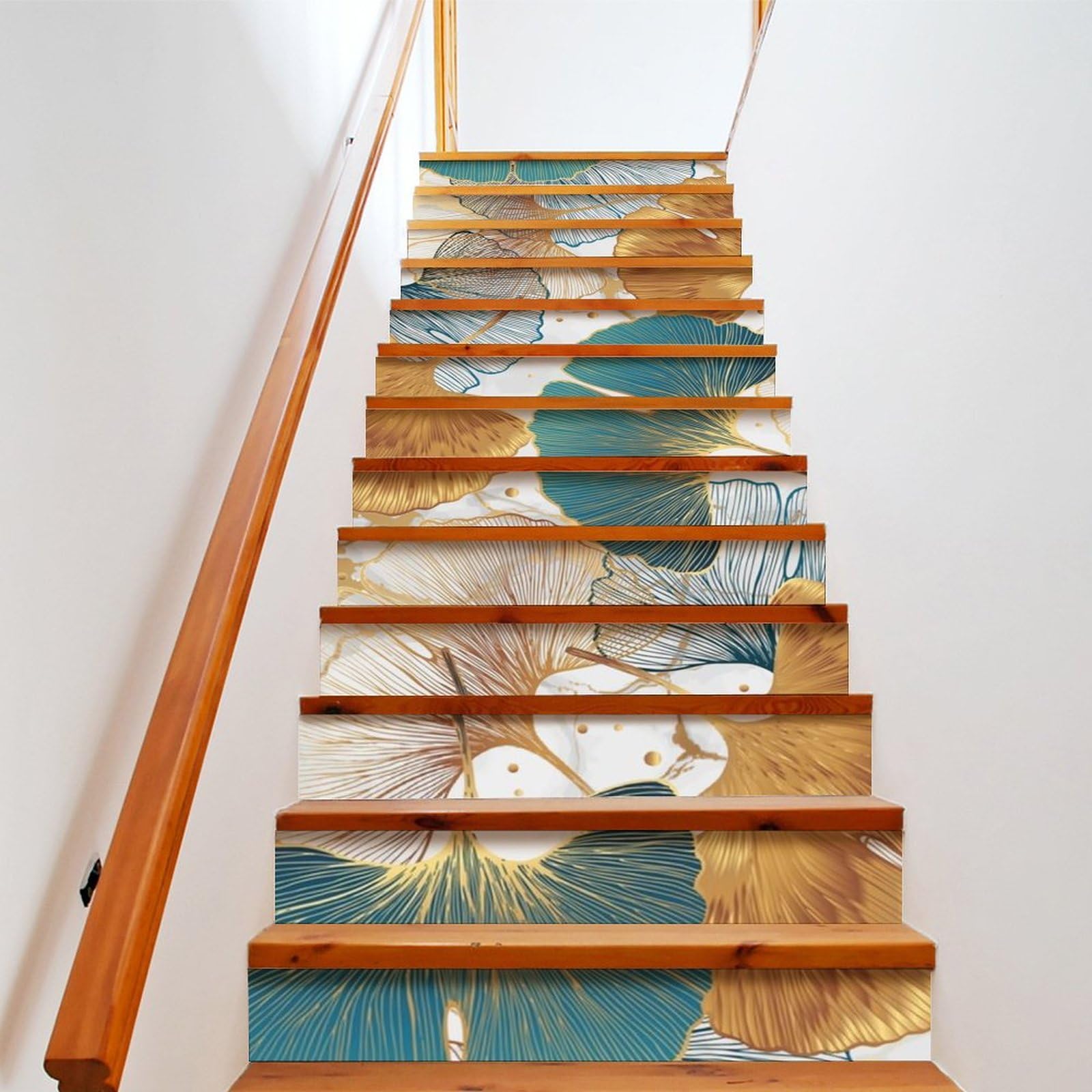 COALHO Vintage Ginkgo Leaves Self-Adhesive Waterproof Stair Riser Staircase Abstract Modern Art Colorful Ginkgo Leaves Marble Design for Indoor and Outdoor Stair 100CMx18CMx1 Set