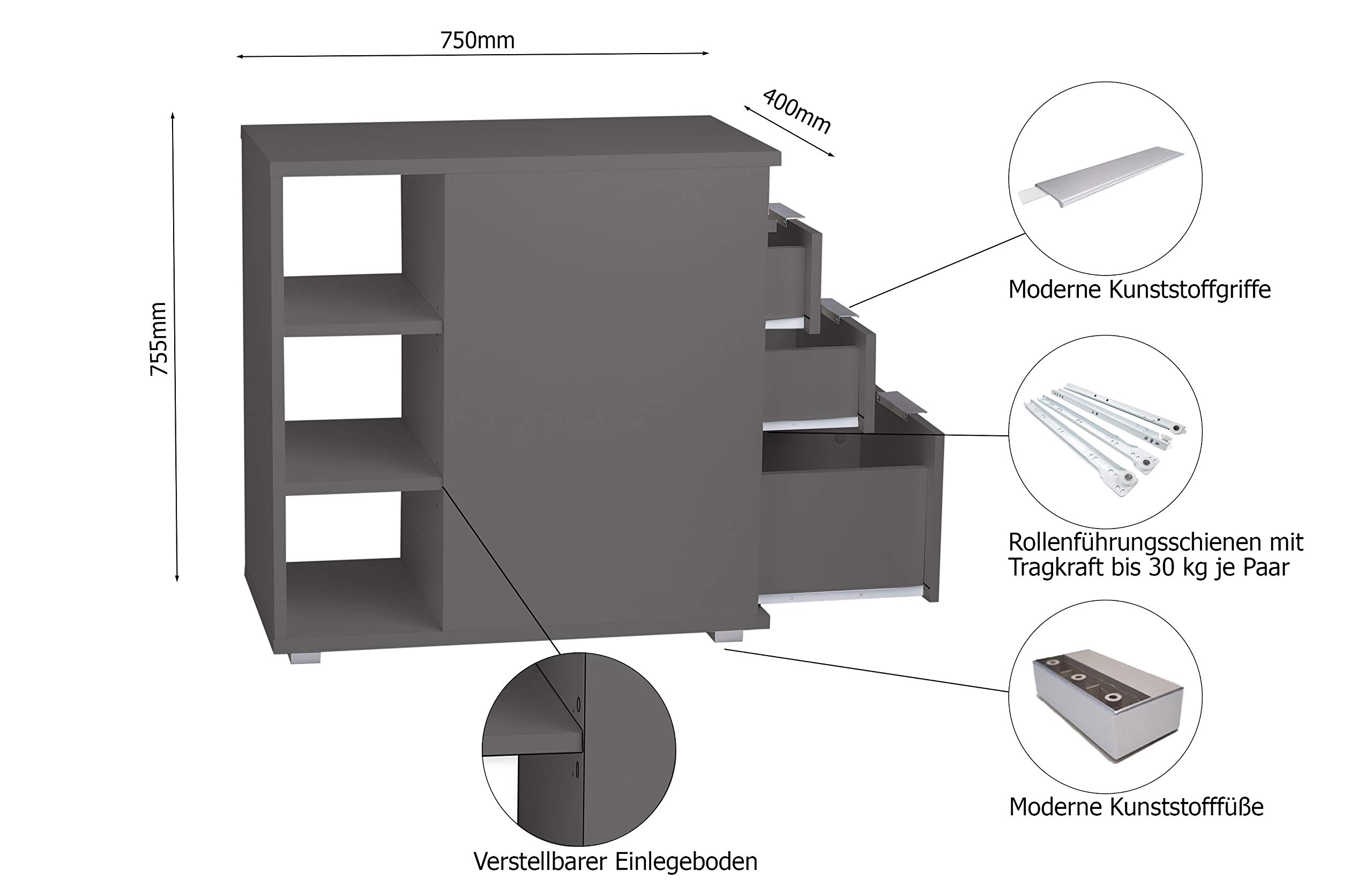 mutatio Anstellcontainer in Grau - Rollcontainer - Container B 40cm x H 75 cm x T 75 cm - Beistelltisch - Bürocontainer - Schubladenschrank - Anstellcontainer - Büro Möbel