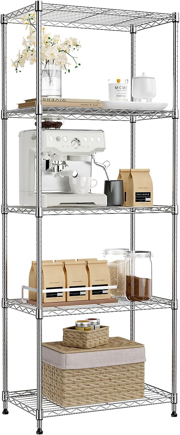 IZEUK 5-Tier Chrome Metal Storage Shelves, Adjustable Wire Shelving Unit for Kitchen, Bathroom, Pantry, Office, Garage, Organizer Wire Rack, 1250 lbs, 13.7" D x 23.6" W x 53.4" H 5 Tier, 13.7" D x 23.6" W x 62.4" H Chrome