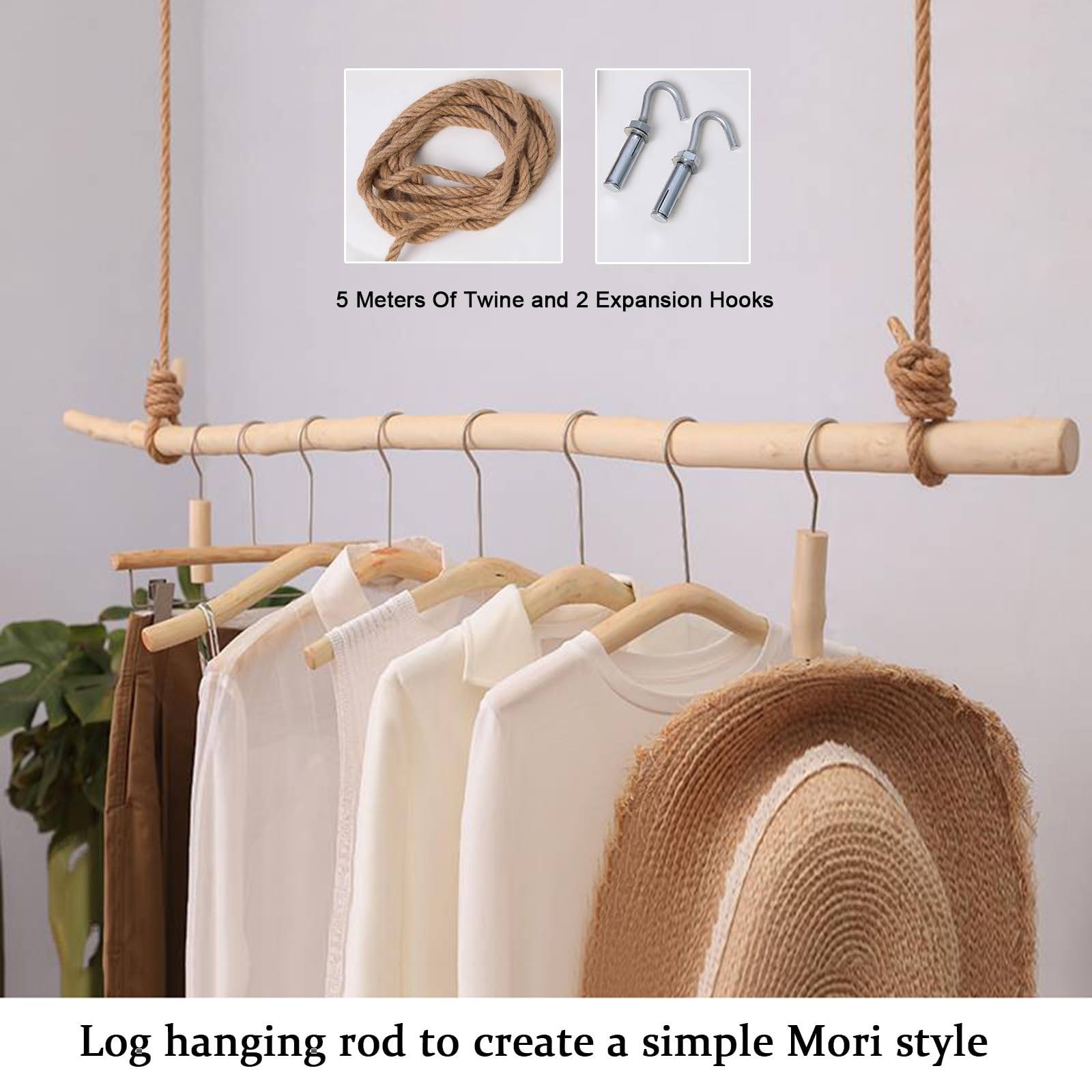 Industrielle Holzgarderobe zum Aufhängen mit hochwertigem Baumwollseil, verstellbarer Deckenmontierter Kleiderhalter, natürliche H nge, Slish platzsparende Solut