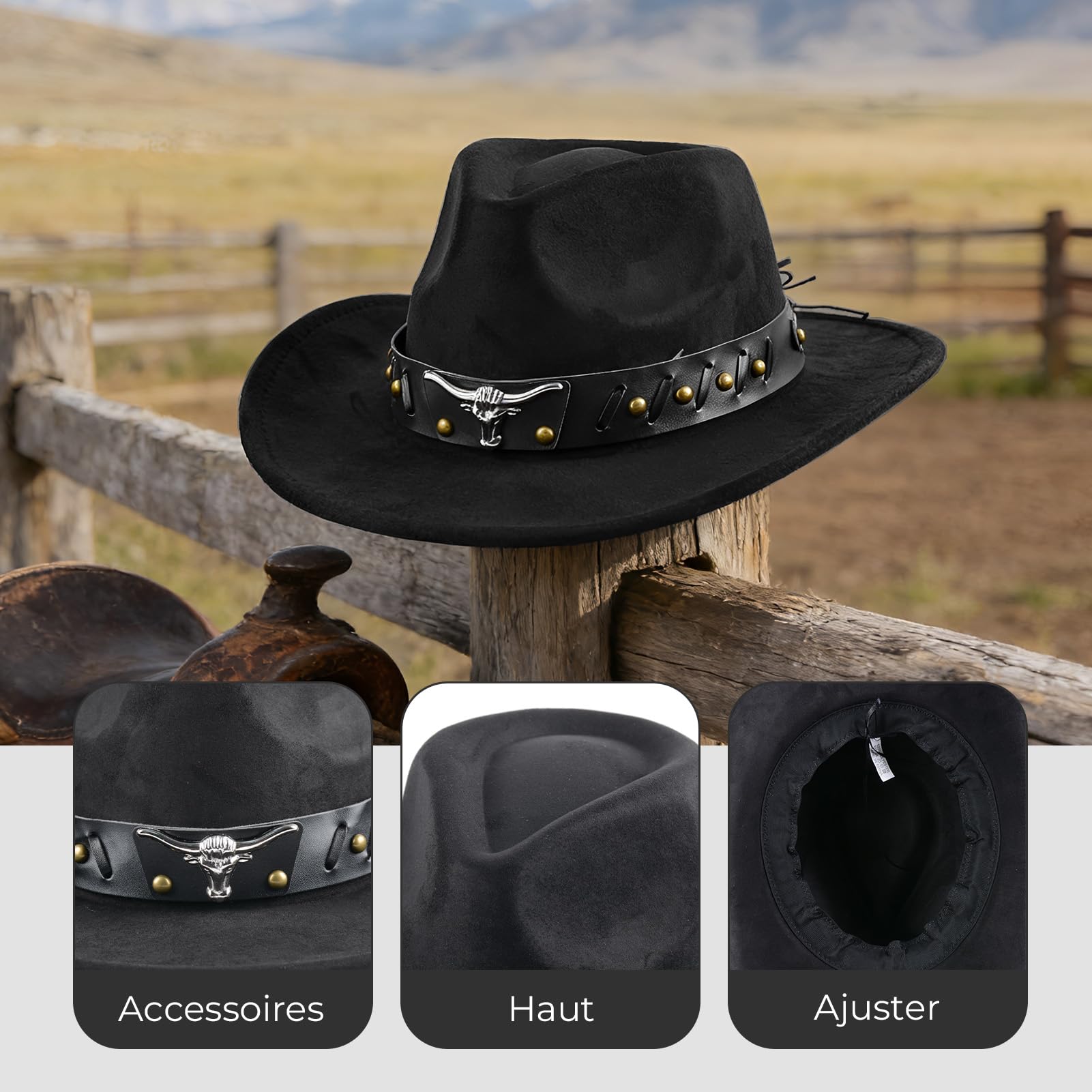 Chapeaux Western Ajustables en Daim Denim pour Homme et Femme, Chapeaux de Cowboy à Large Bord, Chapeaux Western pour Femme (Noirs)