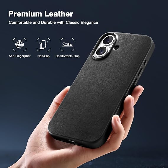 iPhone 17 Compatible Genuine Leather Smartphone Case, Mag-Safe Compatible, Overflowing, Simple Design, Thin, Lightweight, Shockproof, Anti-Fingerprint, Anti-Slip, Metal Button Full Protection Black