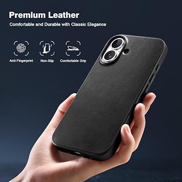 iPhone 17 Compatible Genuine Leather Smartphone Case, Mag-Safe Compatible, Overflowing, Simple Design, Thin, Lightweight, Shockproof, Anti-Fingerprint, Anti-Slip, Metal Button Full Protection Black