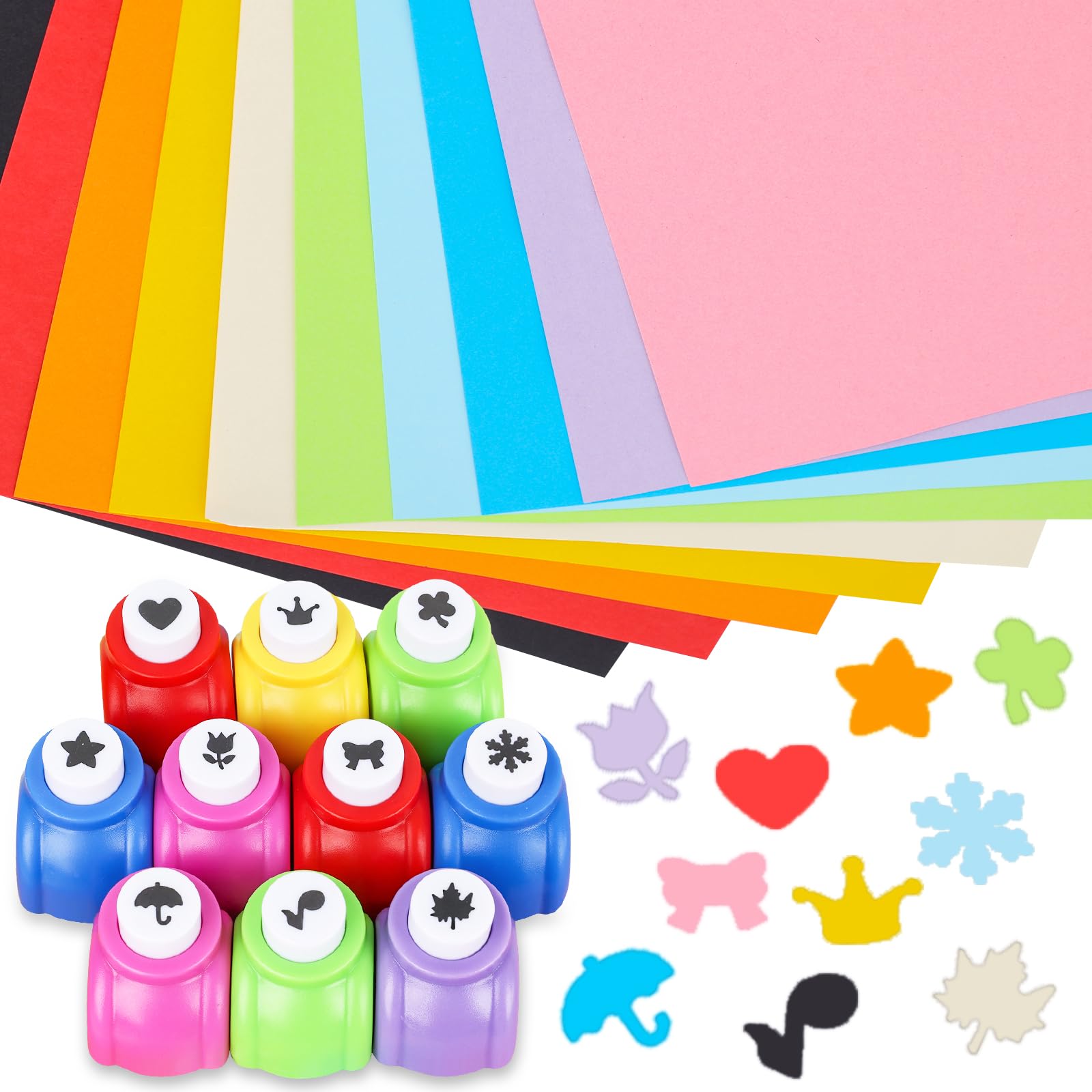 HAKACC Juego de perforadoras de papel, 10 unidades y 20 unidades de papel de tono, multicolor para niños, álbum de recortes, álbum de fotos, manualidades