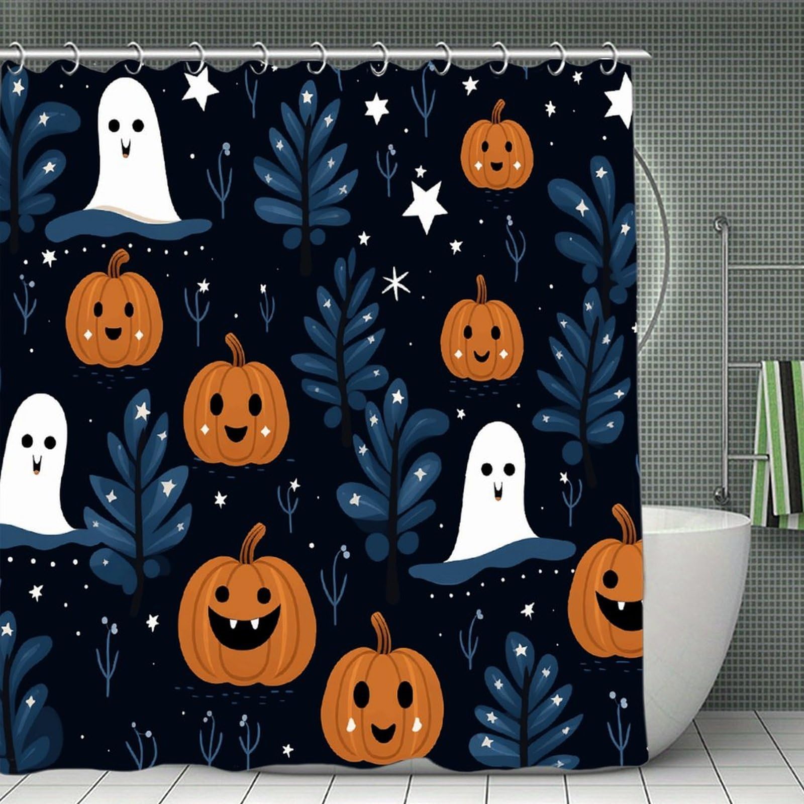 JTREHY Cartoon Pumpkin Head Shower Curtain Waterproof Bathroom Shower Curtain Machine Washable Bath Curtains Polyester Cloth Bath Curtains for Bathroom Showers 70.8×70.8Inch
