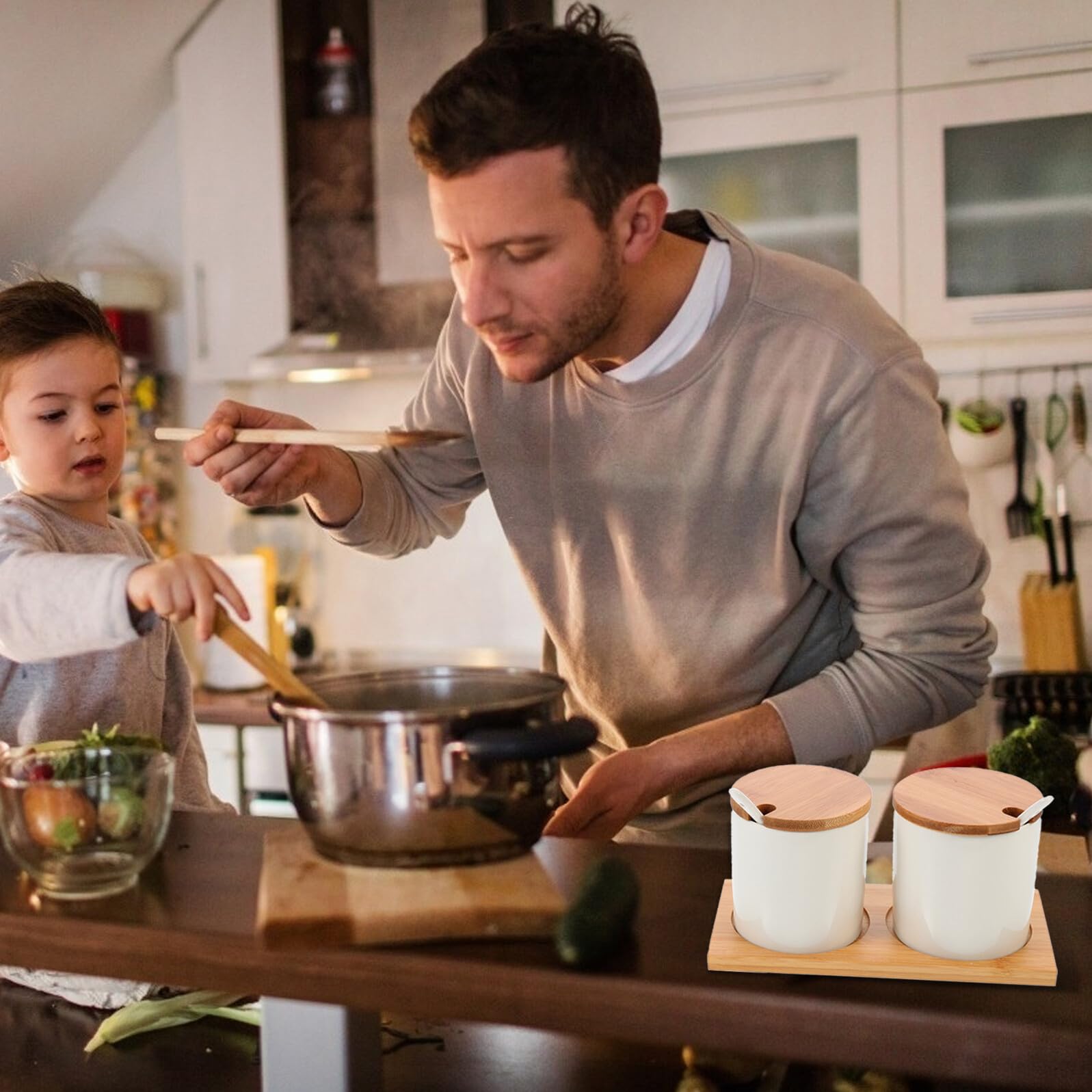 Homoyoyo Barattolo per Condimenti in Porcellana Bianco Chiusura Ermetica e Apertura con Mano per Cucina e Preparazione di Piatto