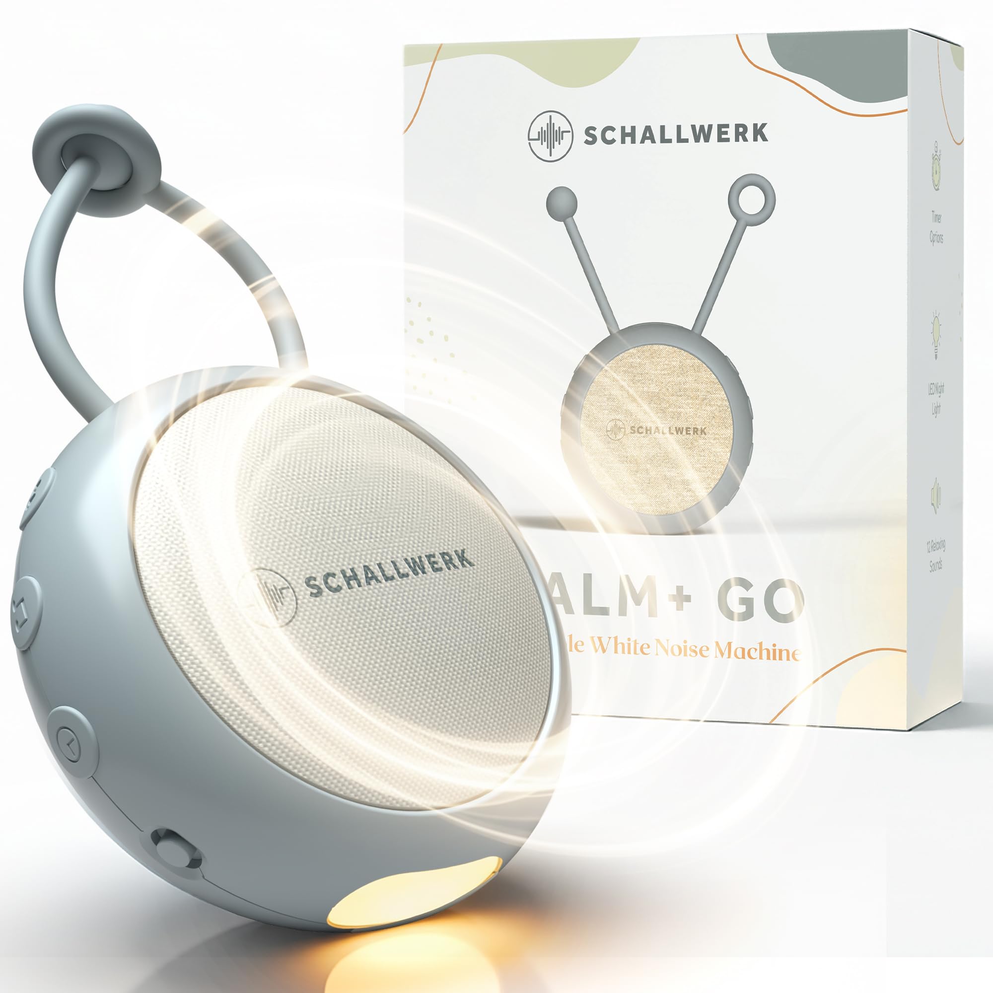 Schallwerk® White Noise Machine Baby – Einschlafhilfe für Babys & Erwachsene mit weißem Rauschen, Naturgeräuschen & Mehr – Geräuschebox mit Nachtlicht & Timer – Tragbar & leise
