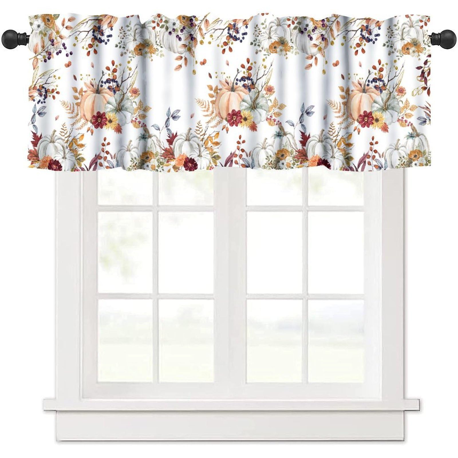 moderw Autumn Pumpkin Valance Curtains, Watercolor Boho Floral Leaves Rustic Farm Fall Thanksgiving Harvest Farmhouse Window Curtain Valance for Living Room Bedroom Kitchen 54x18inch