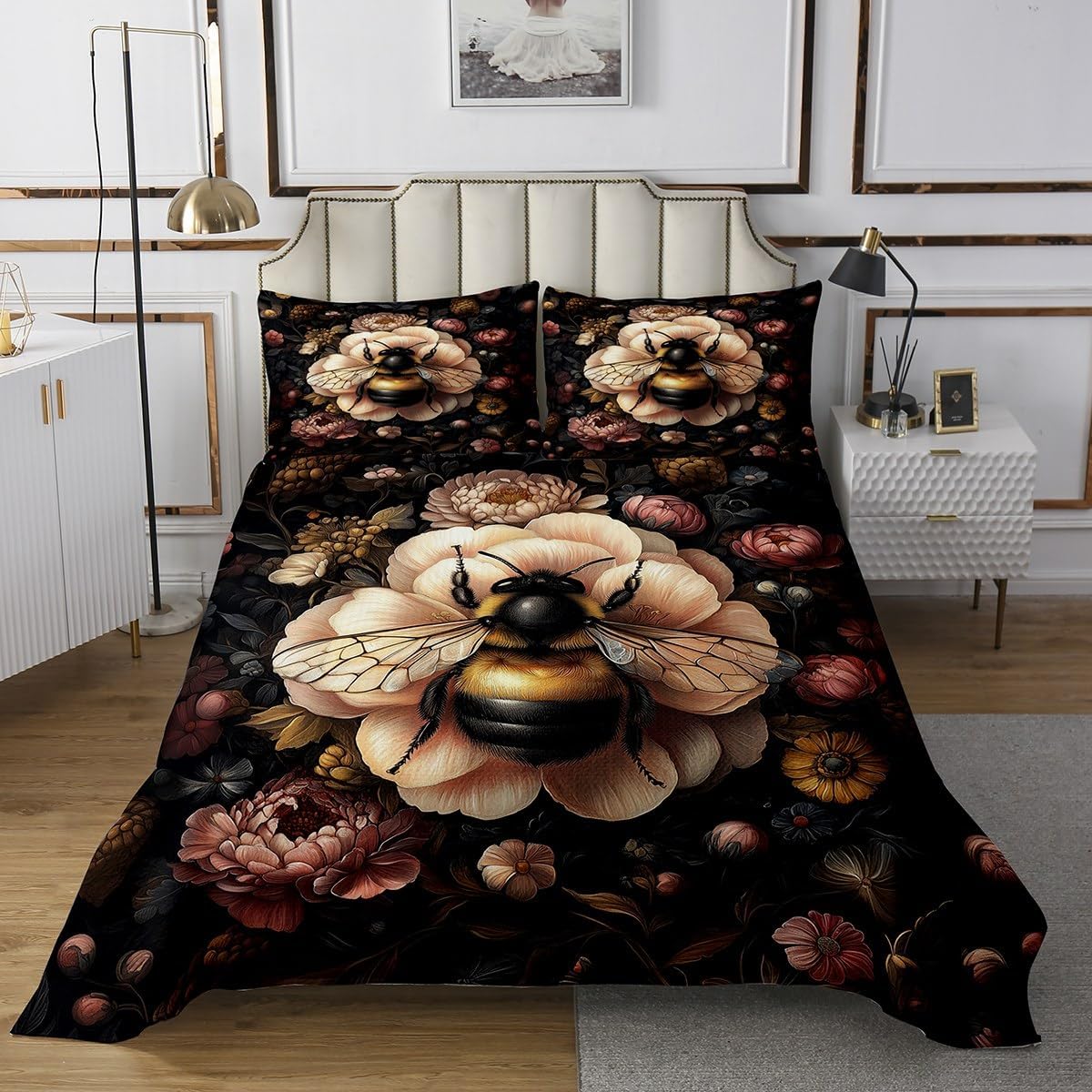 Erosebridal Bee Flowers Coverlet Set King Size Vintage 3D Bedspread for Adults Women Girls Hand Drawn Dark College Wildlife Quilted Coverlet Rustic Botanical Mysterious Nature Quilted