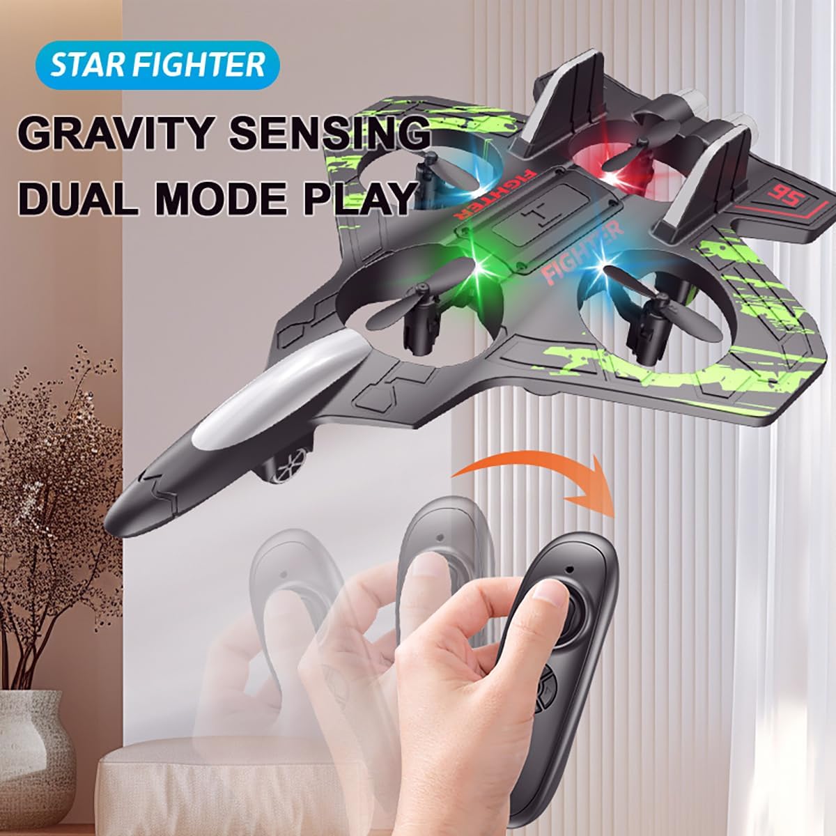 Magicwand 4 Rotor EPP Foam Jet Fighter Stunt RC Airplane with Automatic Balance System, for Beginners Aircraft Fighter with LED Lights【Random Color】【Pack of 1 RC Plane】 2