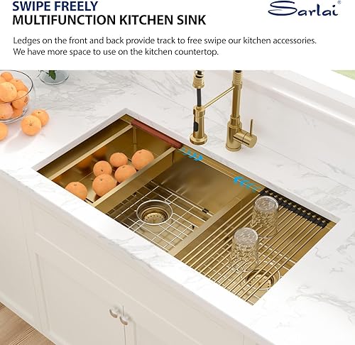 Vista 22 de Sarlai Fregadero doble de 33 piezas para empotrar - Fregadero de cocina de 33 x 19 pulgadas, acero inoxidable de calibre 16, esquina redonda, doble