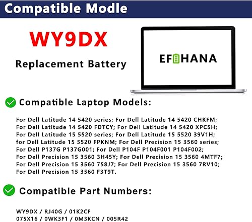 Miniatura 4 de WY9DX - Batería para portátil compatible con Dell Latitude 5420 5520 Precision 15 3560 Series Laptop RJ40G 01K2CF 075X16 0WK3F1 0M3KCN 005R42 11.4V
