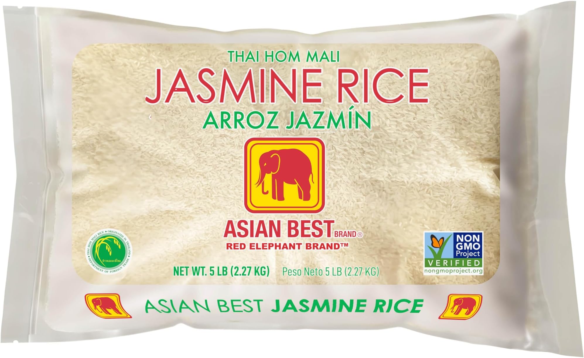 Jasmine Rice, Thai Hom Mali, Non-GMO Verified, Gluten Free, 5 Pound Bag