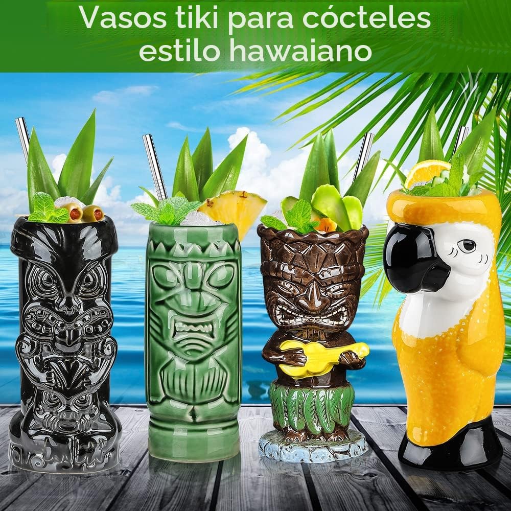 Tiki - Juego de 4 vasos para cócteles y tazas de cerámica tropicales hawaianas Tiki fiesta creativa para cócteles de cristal, gran barra, de primera calidad, tropical, lindo, 4 paquetes de regalo