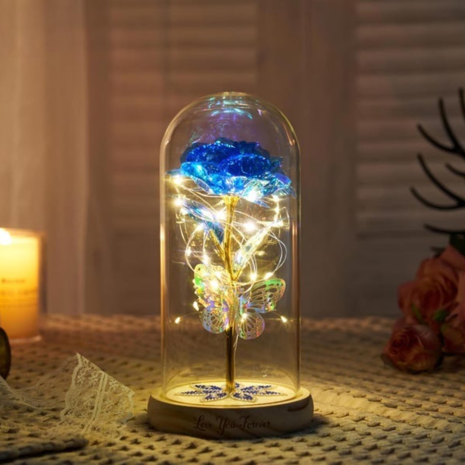 Rose galaxie personnalisée sous dôme en verre bleu avec lumière LED pour souvenir unique