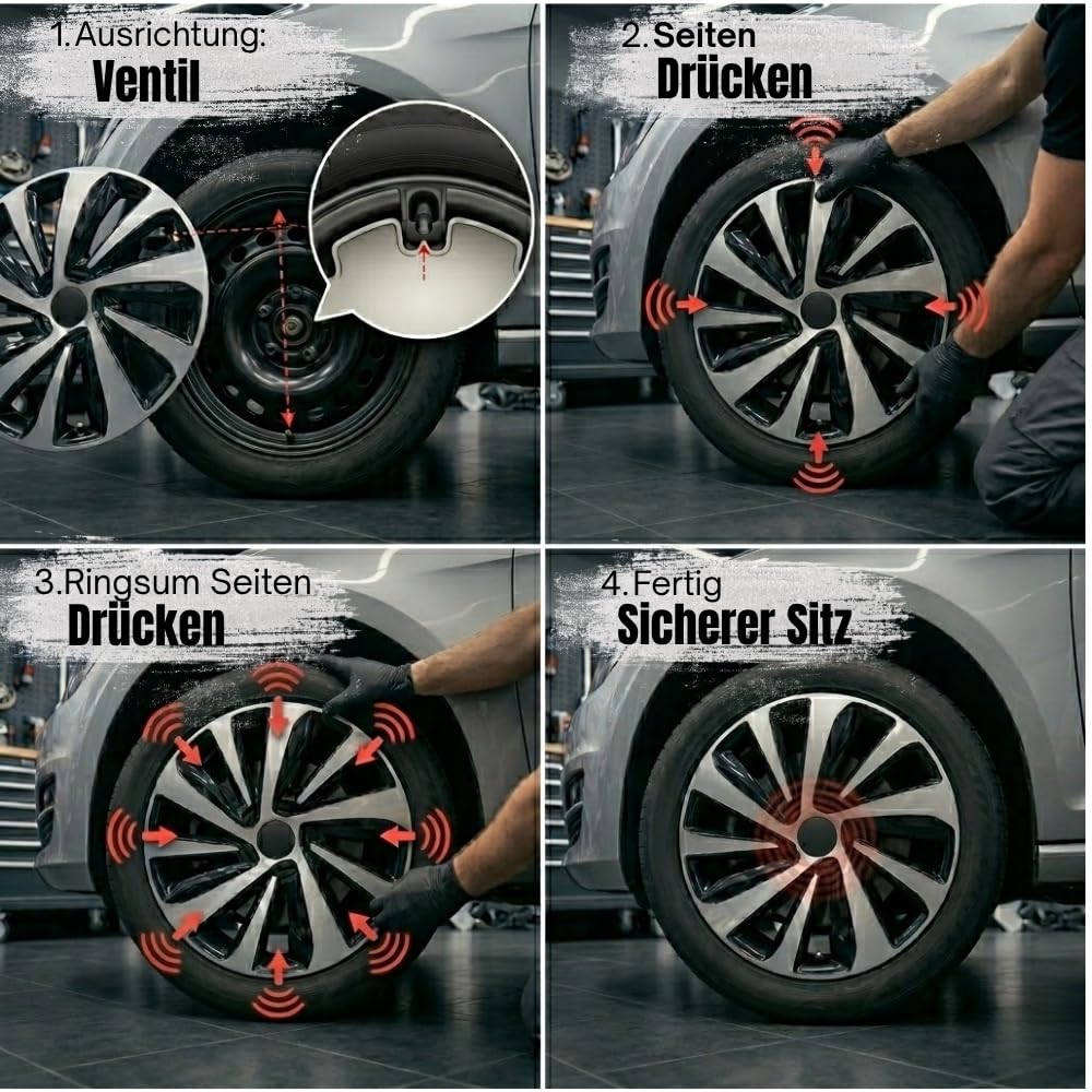 Radkappen 16 Zoll im Set (4 Stück) – Radzierblenden 16 Zoll in edlem Grau Schwarz – Universal Radkappen für Stahlfelgen – mit stabilen Stahlring-System & optimaler Bremsen-Belüftung