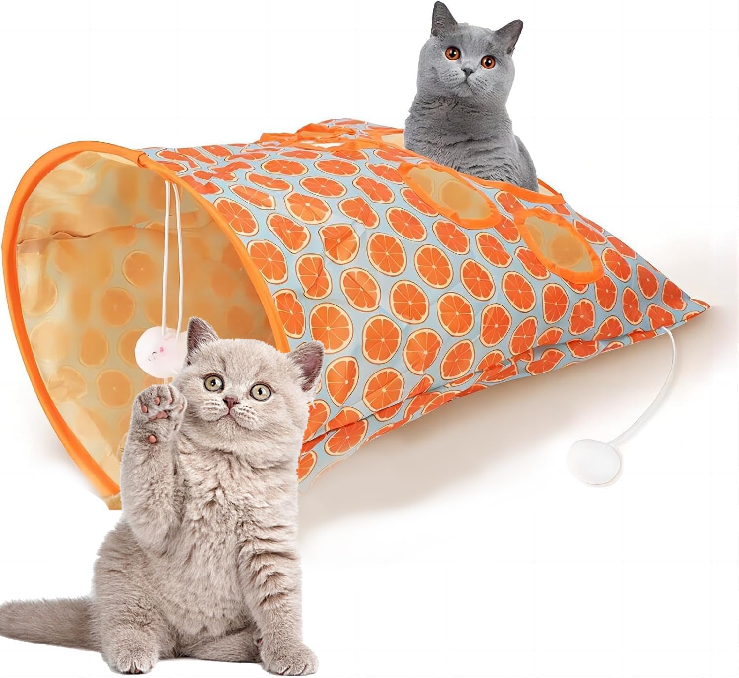 Juguete de túnel plegable para gatos, bolsa plegable para ocultar y jugar para interiores, juguete interactivo de cueva para gatos, con 1 ratón pequeño y 3 bolas de juguete, patrón naranja