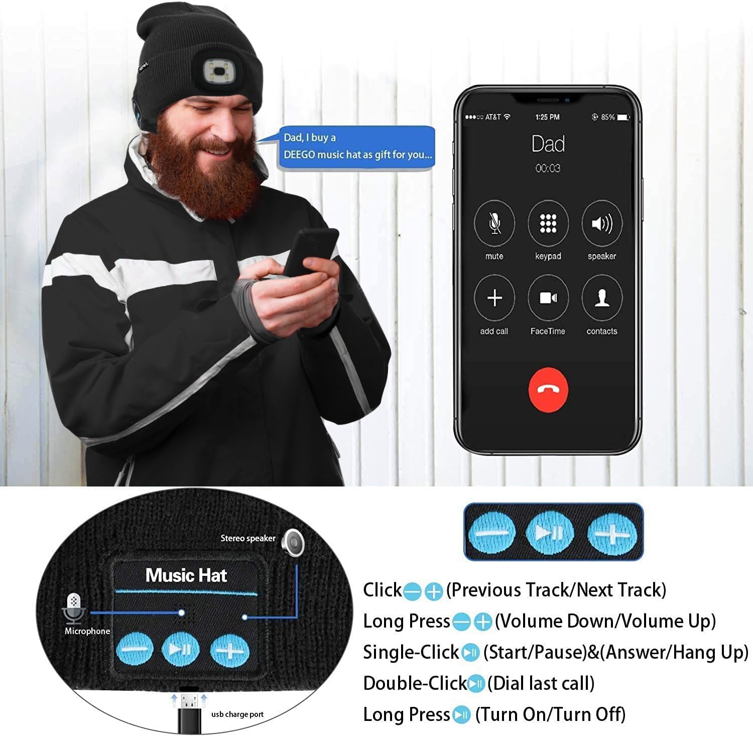 ATNKE LED Lighted Bluetooth Beanie Hat,USB Rechargeable 4 LED Wireless Run Headlamp Lined Fleece Cap for Men and Women - Image 6