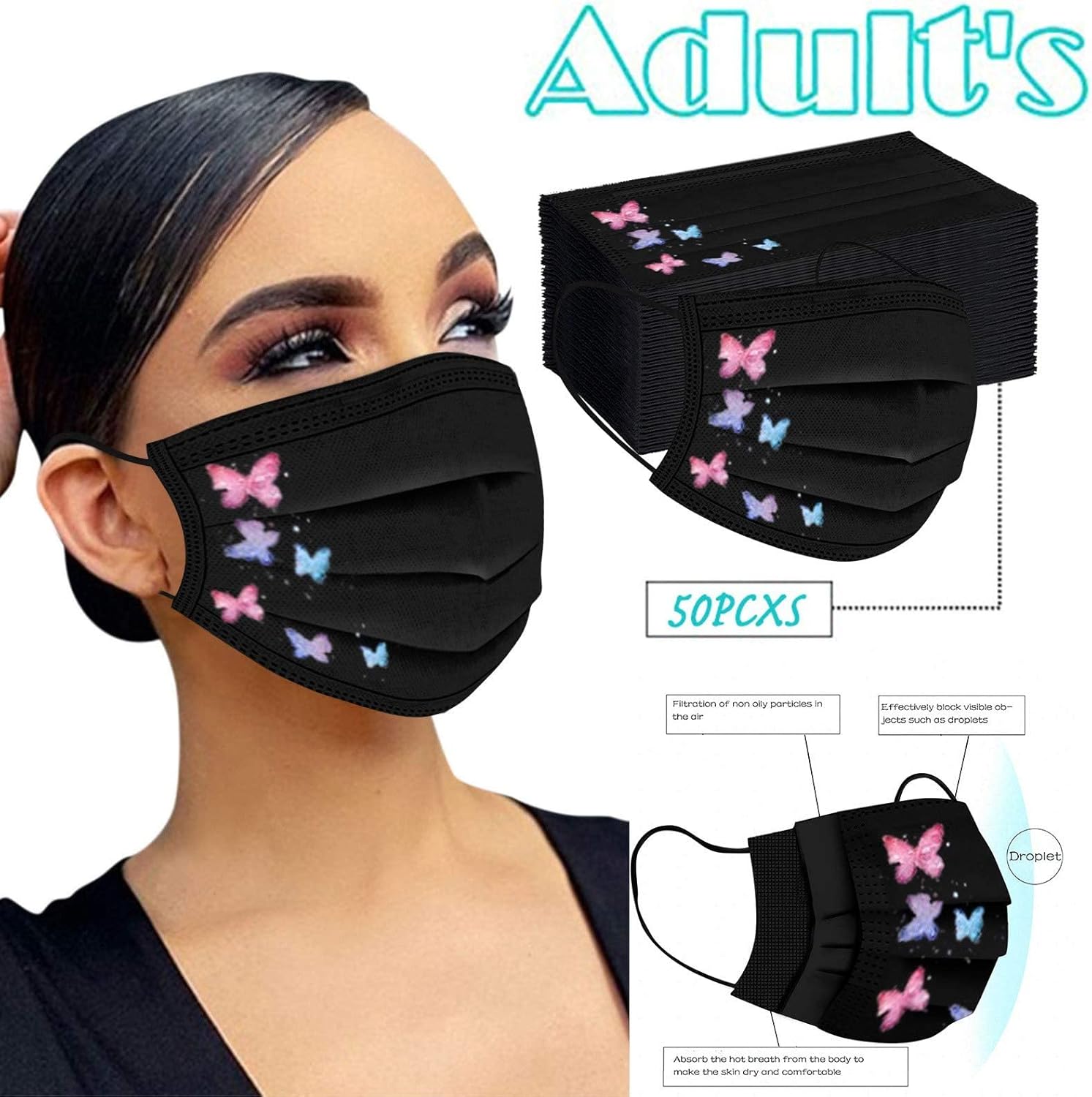 50Pcs Butterfly Printed Black Disposable_Face_Masks for Adult,3-ply Face Protection Covering with Elastic Earloop & Nose Clip,Comfortable & High Filtration &Ventilation (C), YLK-8054