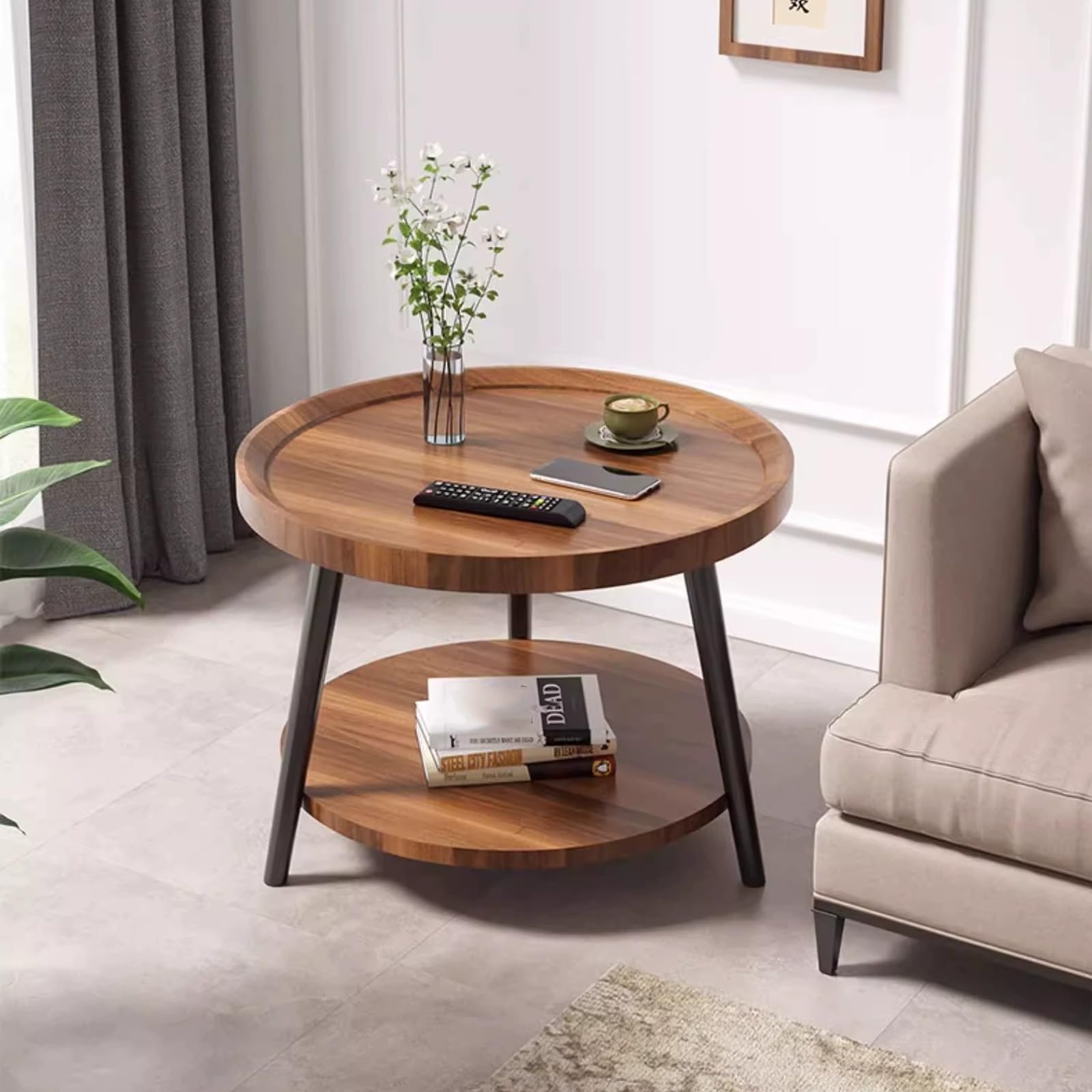 Coffee table ,round coffee table,coffee tables for living room,walnut coffee table,wooden coffee table,tea table,small coffee table,rustic coffee table,center table ,low coffee table(Walnut color,60cm