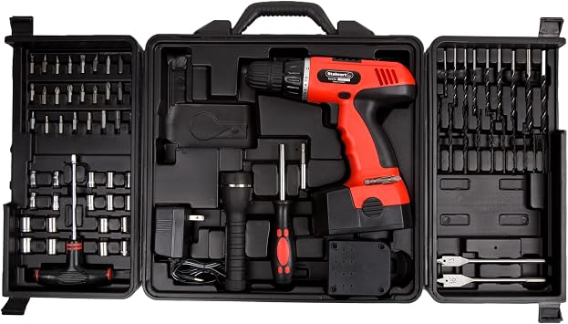 Cordless Drill Set - 78-Piece 18V Tool Set with Drill Bits, Sockets, Driver Bits, Flashlight, Rechargeable Battery, and Tool Box by Stalwart (Red)