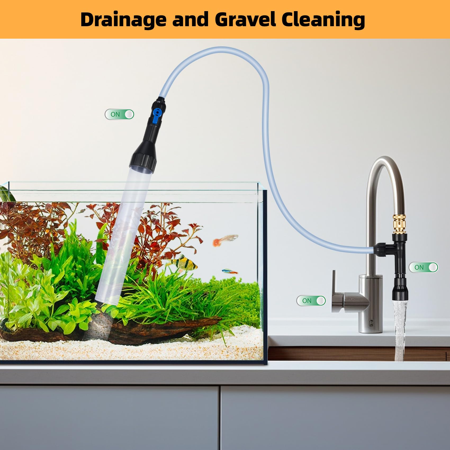 DXOPHIEX Aspiradora de Grava para Acuario, Bomba Universal de sifón con 3 adaptadores de Metal para Limpieza rápida de peceras y Cambio de Agua (30 pies)