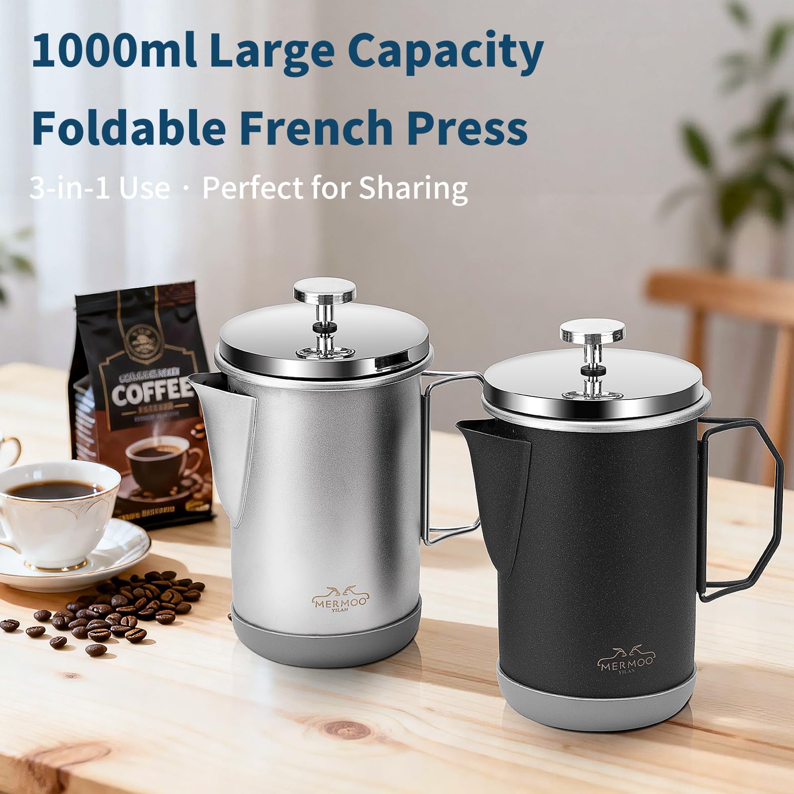 MERMOO YILAN French Press - Cafetera manual de 1000 ml para 4-6 tazas, mango plegable, prensa de café aislada portátil para camping, viajes, uso doméstico (plata)