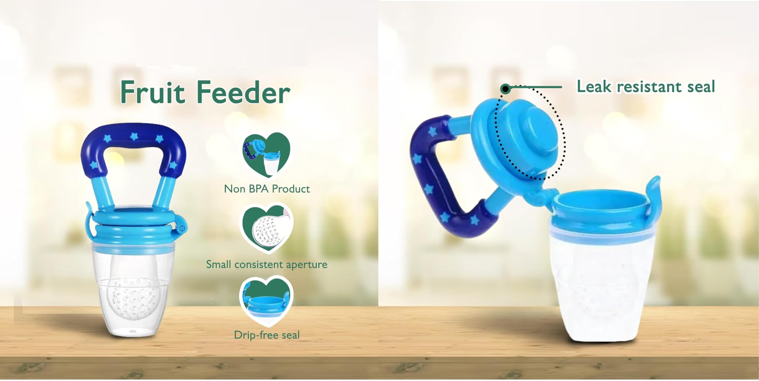 Baby Fruit Feeder Pacifier with Rattle (1 Pcs) with 1 PCS Silicone Food Dispensing Spoon 90ML and 1 pcs Fruit Teether 1pcs Finger Brush 1 pcs Baby bib 1 pcs Steel Bottle 240 ML (Blue) - Image 4 thumbnail