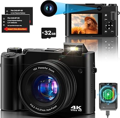 Cámara Digital 4K, 64 MP Dual Camera Antivibración Vlogging Cámara Fotográfica con Tarjeta de Memoria de 32 GB, Zoom Digital 16X, 2 baterías y Cargador, y Cámara Compacta para Principiantes