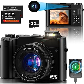 Digital Camera 4 K 64 MP Dual Camera Anti-Shake Vlogging Photo Camera with 32GB Memory Card 16X Digital Zoom 2 Batteries & Charger and Beginners Compact Camera for Teenagers