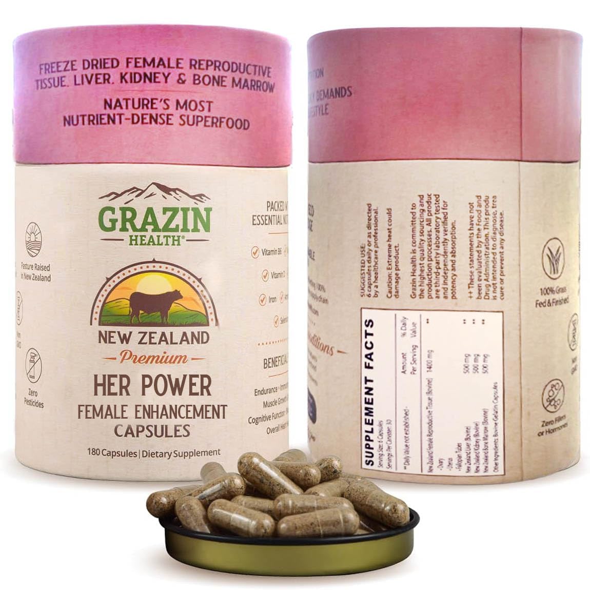 Her Power Female Enhancement Capsules 2900mg Per Serving (180 Count) | Freeze-Dried Female Reproductive Tissue, Liver, Kidney & Bone Marrow | 100% Grass-Fed New Zealand Sourced