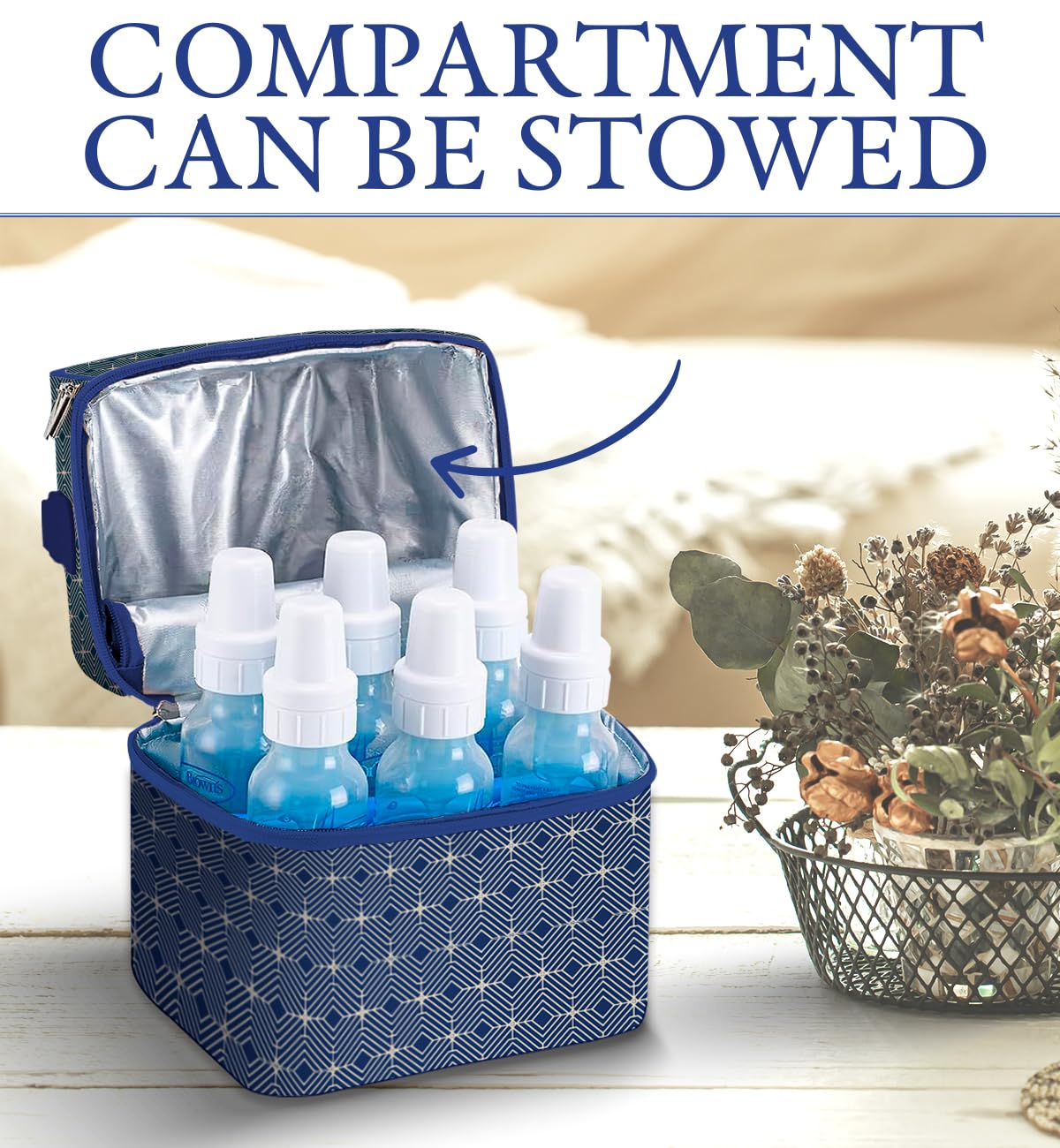 Insulated Breast Milk Cooler Bag – Fits 6 Bottles – Includes 2 Ice Packs – Dual Zipper Compartments – Detachable Strap – 9.4