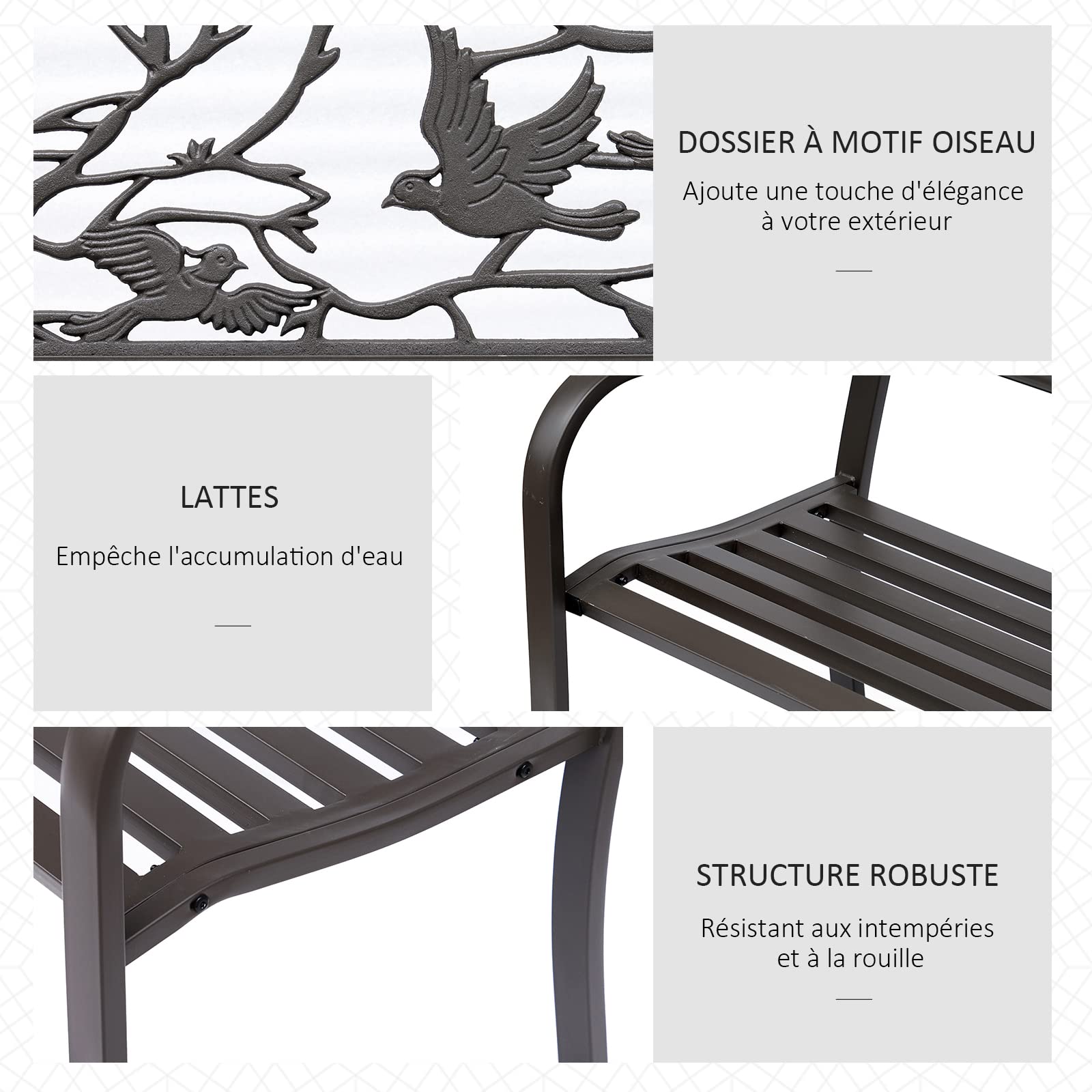 Outsunny Banc de Jardin 3 Places Banc extérieur Jardin Style Rural Chic pour Balcon terrasse Patio 127 x 60 x 85 cm métal époxy anticorrosion Brun