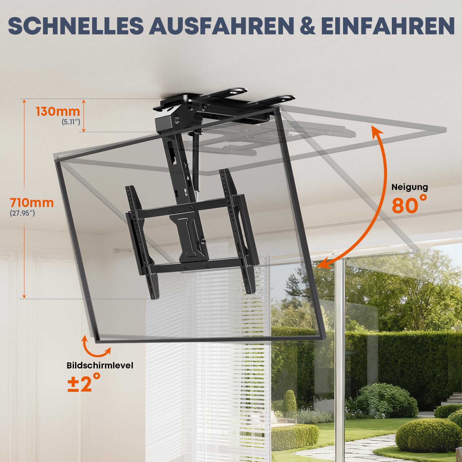 TV-Deckenhalterung Elektrisch für 37-75 Zoll - TV Halterung Decke Elektrisch Klappbar, Neigbar, Mit Fernbedienung, Belastung bis 45 KG, Schwarz