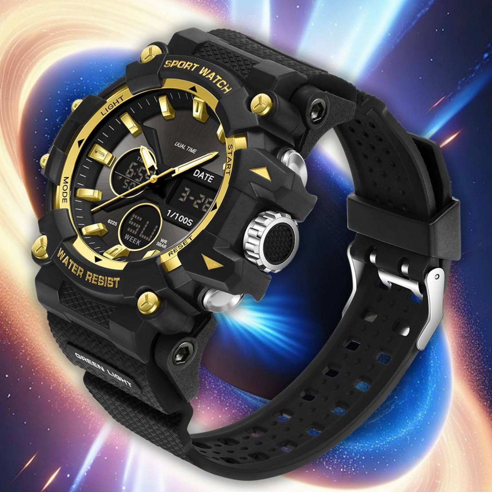 findtime Montre de sport pour homme avec date, analogique, numérique, rétro-éclairage LED, étanche, doré, Décontracté
