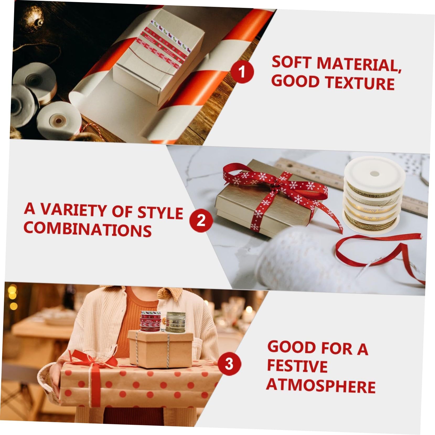 DOITOOL 12 Sätze Weihnachtsgeschenkbänder aus Langlebigem Polyester Bedruckte Geschenkverpackungsbänder in Rot und Gold Vielseitige Weihnachtsdeko für Baum Kranz und DIY Bastelprojekte