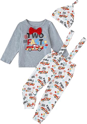 Baby Boy Two Fast Birthday Outfit Toddler 2nd Birthday Clothes Long Sleeved Overalls