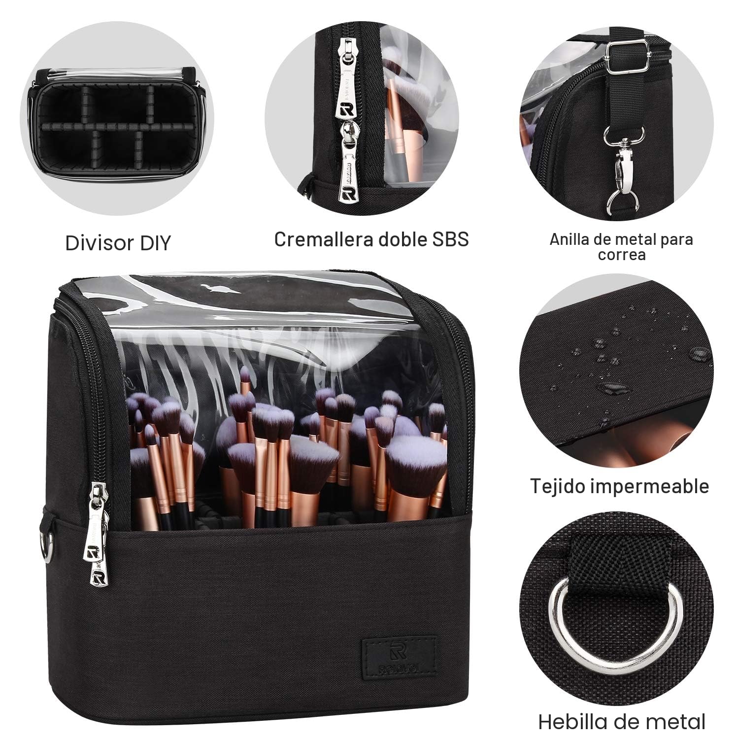 Relavel Estuche de cosméticos profesional organizador de brochas de maquillaje con soporte de correa de cinturón, bolsa de cosméticos multifuncional, bolsa de maquillaje para viajes, Black, L