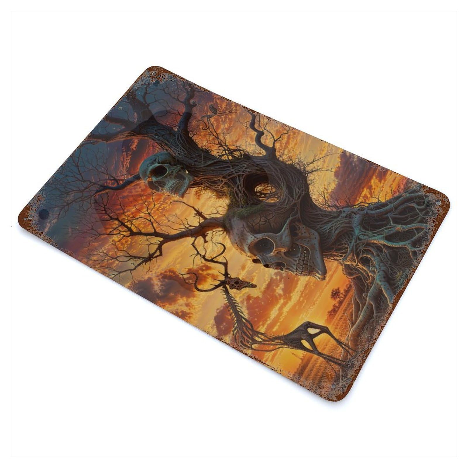 Skull Tree And Animal 11.8"x7.9" Rust Effect Tin Sign, Rustic Home Decor for Office, Studio And Wall Decor