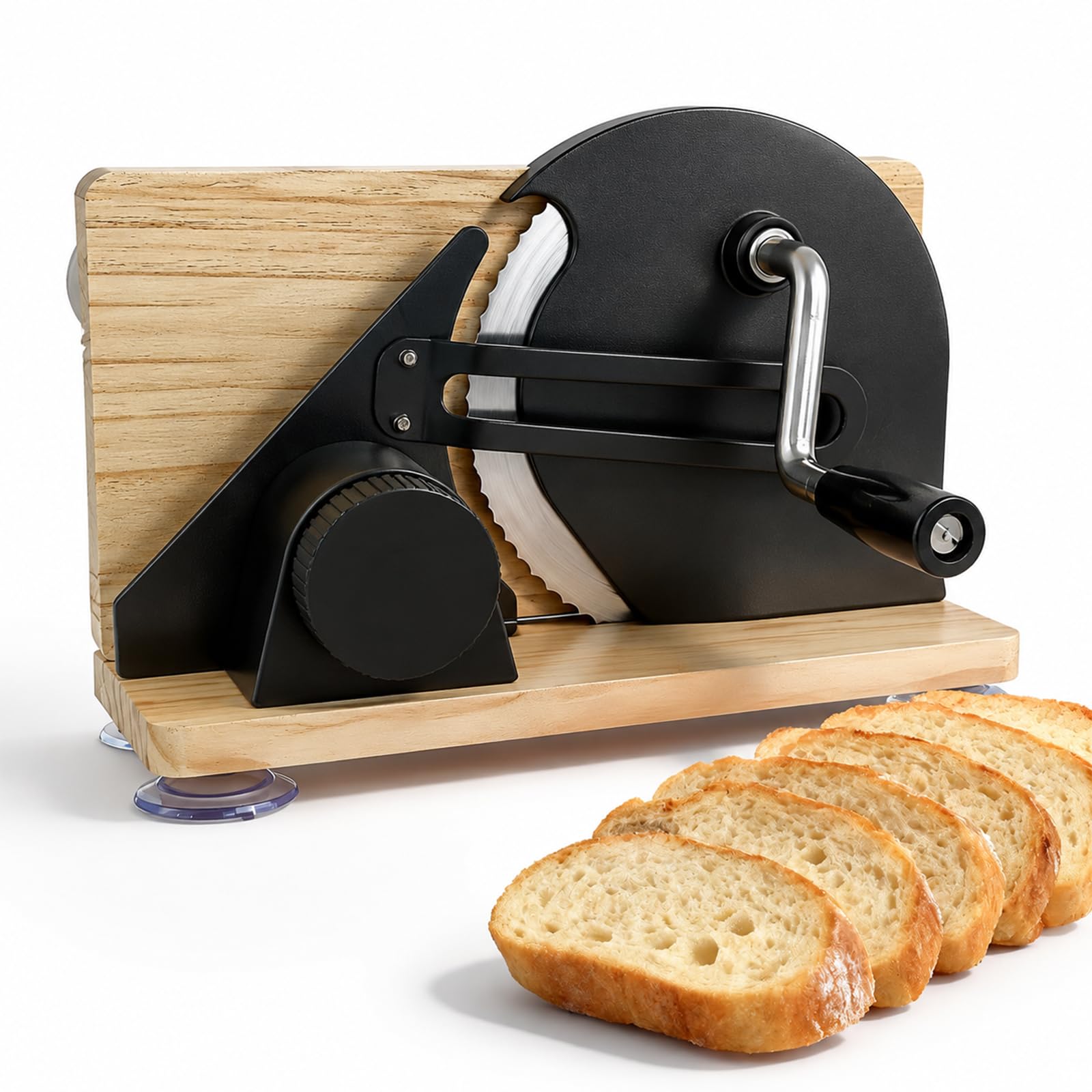 Brotschneidemaschine Manuell mit Handkurbel, 0-15mm Einstellbare Scheibendicke mit Skalenlinien, Scharfe Edelstahlklinge & Klappbarer Holzsockel, Kompakt für selbstgemachtes Brot & Sauerteigbro