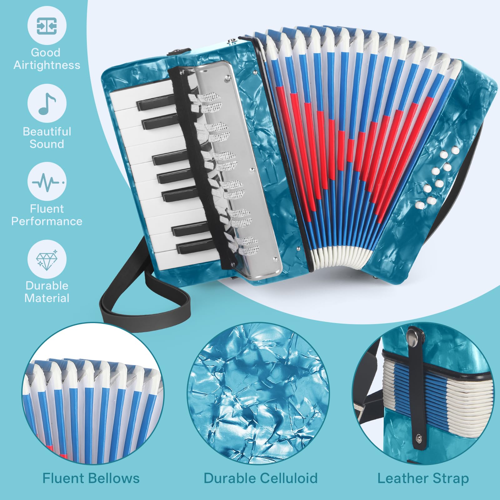 AKLOT Acordeón de piano de 17 teclas, acordeón ligero para niños, acordeones de celuloide más brillantes y de tono puro que el plástico, diseño de cubierta de metal duradero para niños, principiantes