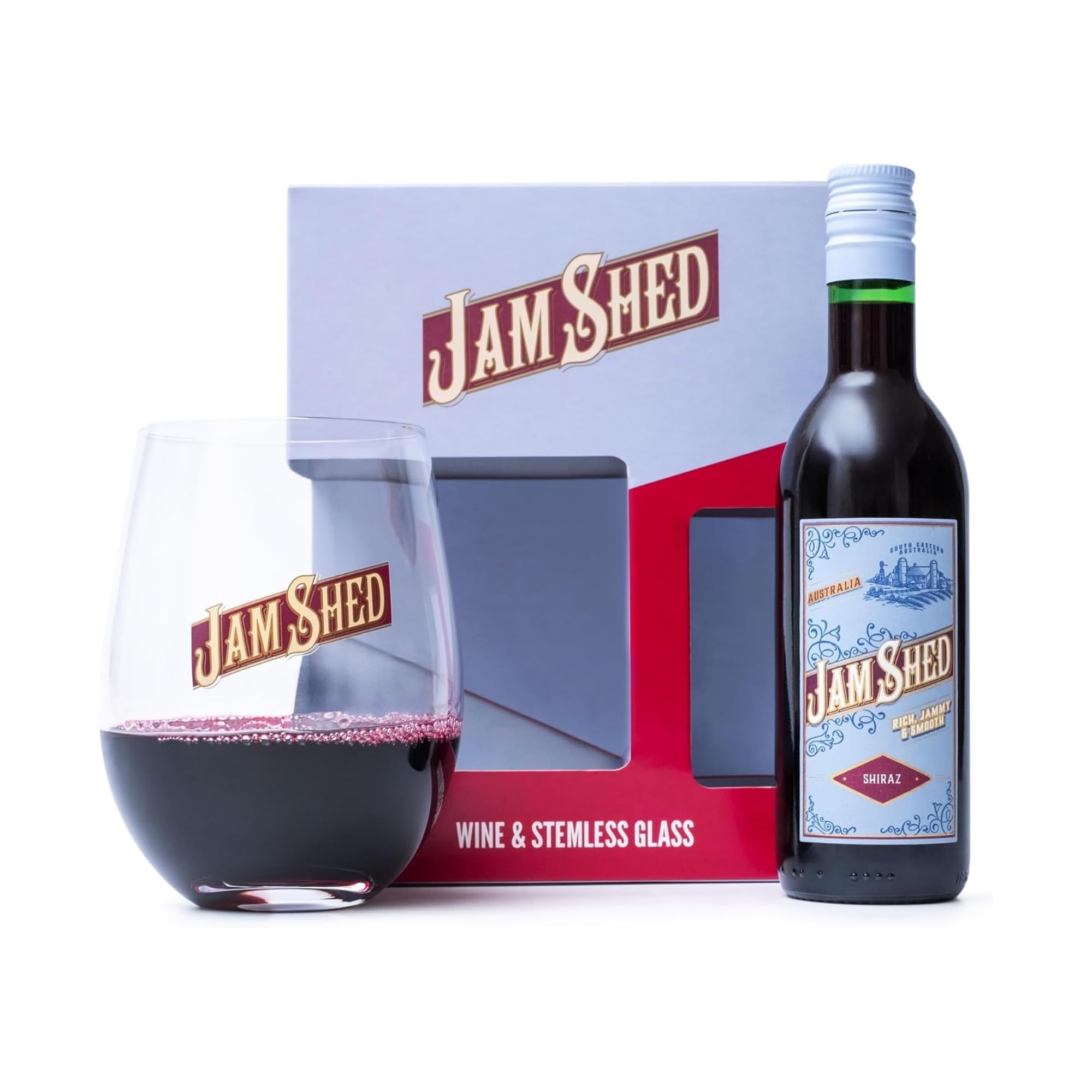 Jam Shed Red Wine Gift Set - Shiraz Australian 12.5% 187ml and 1x Stemless Glass, Perfect Wine Gifts for Men & Women, Birthday Gift for Hamper, Mens Presents, Fathers Day