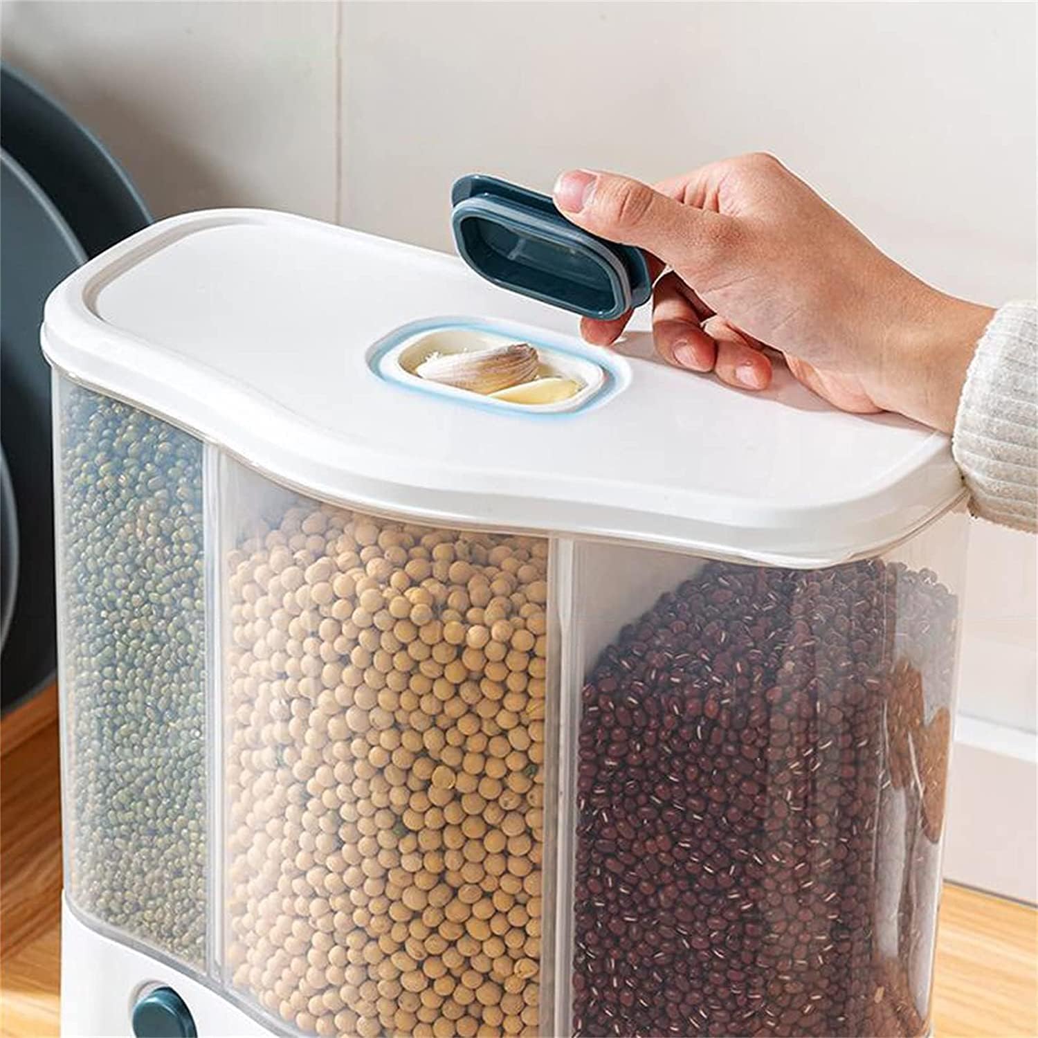 Multigrain Tank, Cereal Dispensers with Cup Dry Food Dispenser Cans Food Storage Grains Container for Home Kitchen, Movable Detachable Partition (3 Grids)
